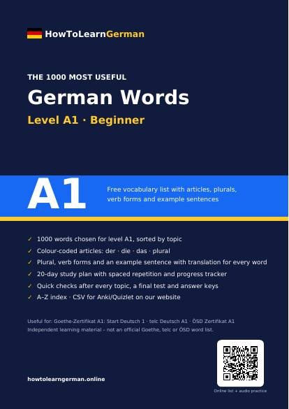 German A1 vocabulary list PDF – preview page 1