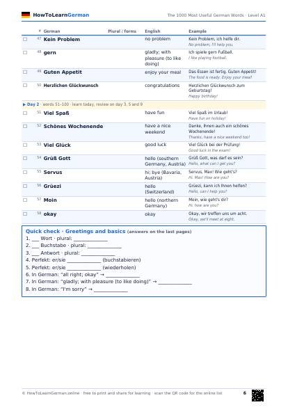 German A1 vocabulary list PDF – preview page 2