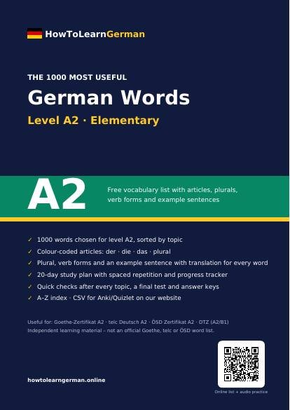 German A2 vocabulary list PDF – preview page 1